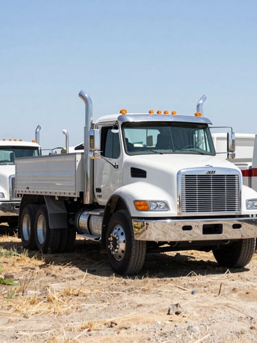 Wide environmental shot of local trucks parked in an open field under bright natural California daylight at the Gridley Truck Show, realistic industrial tones, sharp focus, 35mm lens