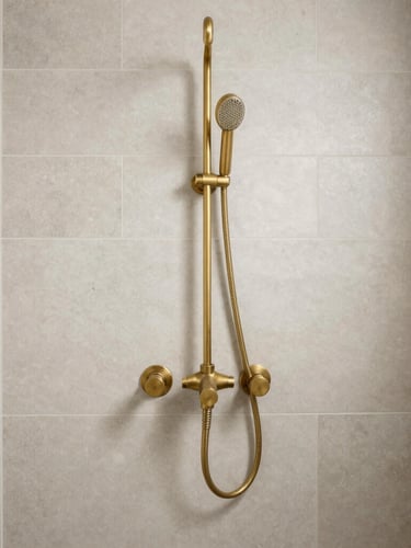 Straight-on architectural elevation of a tiled wet room with unlacquered brass fixtures, bright diffused daylight, neutral mineral tones, sharp focus