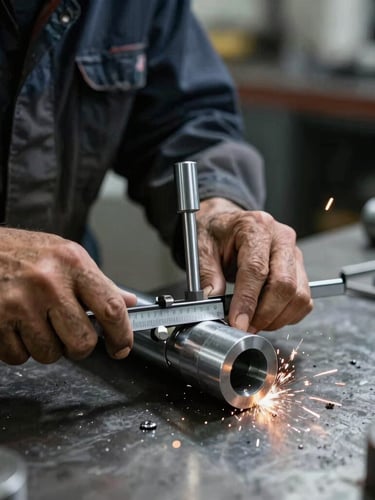 A machinist in dark workwear measuring a freshly cut steel cylinder with a digital micrometer on a metal workbench, dramatic side lighting, sharp focus on the instrument