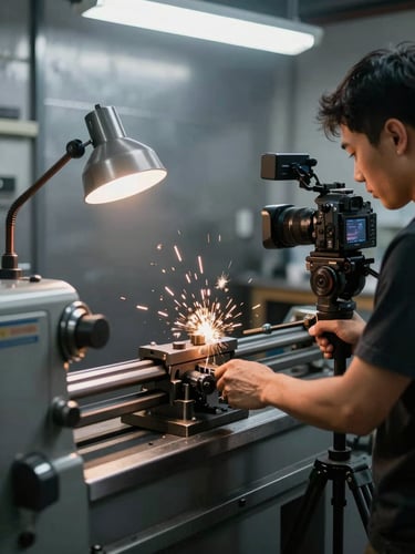Behind-the-scenes setup of a YouTube video shoot in a metalworking shop, a camera on a tripod focusing on a lathe operator, warm work lamps, cool metallic background