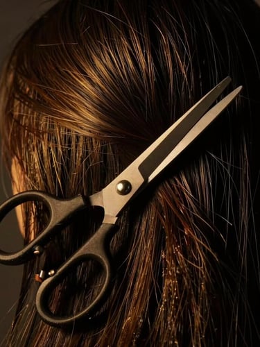 Moody editorial photography of a sharp scissor cut on dark textured hair, low-key dramatic side-lighting with warm golden highlights, 85mm lens