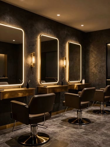 Moody editorial photography of a high-end luxury salon interior with warm golden lighting, dark charcoal walls, brass fixtures, minimalist styling chairs, 85mm lens