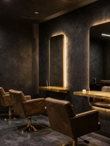 Bespoke modern salon interior with dark charcoal walls, warm gold accent lighting, minimalist leather chairs, and polished brass mirrors, moody editorial style.