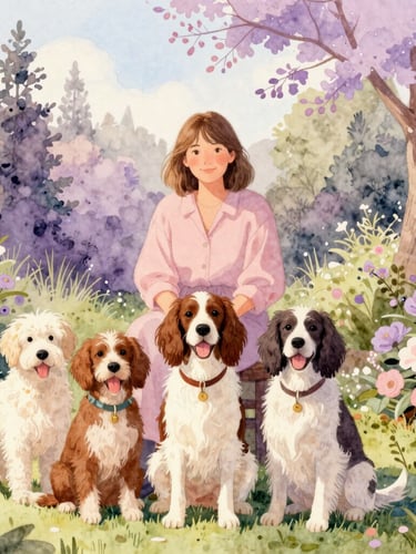 A warm portrait of author Deb Orrey sitting in a sunlit Oregon garden with three happy English Springer Spaniels, cozy storybook aesthetic.