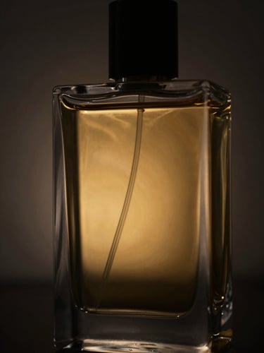 Extreme close-up of a heavy glass perfume bottle reflecting warm golden-hour light, dramatic chiaroscuro shadows, luxurious, minimal
