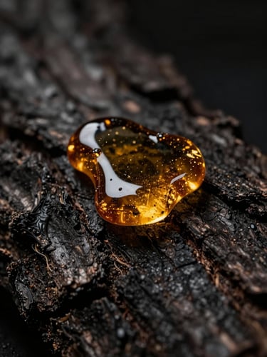 Close-up of golden amber resin melting on textured dark bark, moody chiaroscuro lighting, luxurious and warm