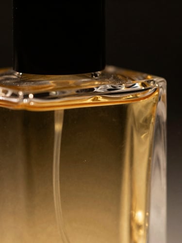 Extreme close-up of a heavy textured glass perfume bottle reflecting warm golden spotlight, deep shadows, dark background, luxury aesthetic