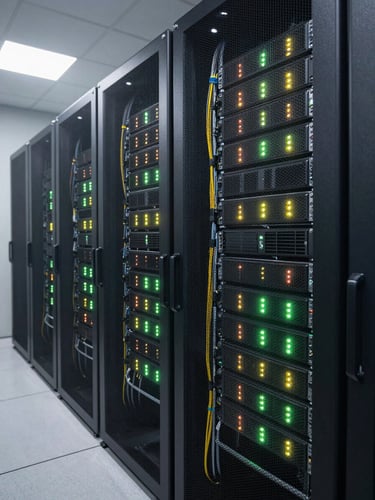 Wide environmental shot of a server rack room under cool flat white lighting, rows of blinking status LEDs, cable management visible, no people, precise infrastructure documentation feel