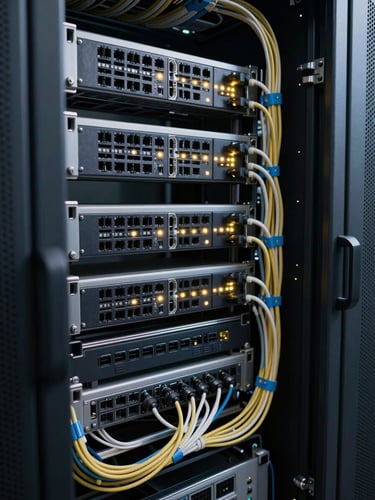 Close-up wide shot of a server rack interior, dense cable runs and blinking status LEDs, cool flat overhead technical lighting, shallow depth of field on the port panel, no people