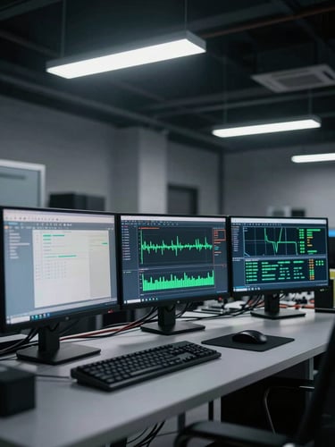 Wide shot of a dark engineering workspace, three monitors showing terminal logs and a live dashboard with green data lines, cool flat overhead lighting, keyboard and cables visible at desk edge, no human present