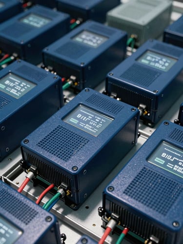 Portrait-oriented close-up of a complex industrial inverter unit with visible wiring, crisp white typography on screens, sharp shadows, deep blue and emerald tones, technical detail.