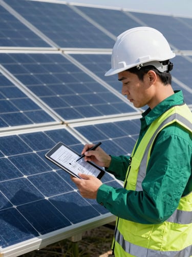 Engineer in safety gear analyzing digital schematics on a tablet, with a solar panel array in the background, high-contrast, bright daylight, sharp shadows.