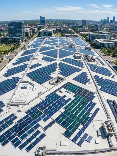 Aerial drone shot of a modern, geometric solar array on a commercial rooftop, high-contrast bright daylight, sharp shadows, deep blue and emerald tones, wide-angle lens, premium architectural photography.