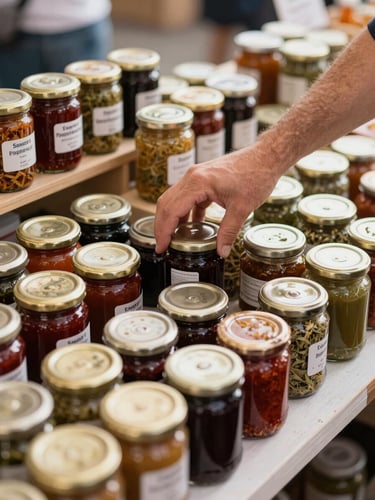 Close-up of a market stall tabletop at a specialty food market, glass jars of preserves and dried herbs arranged in natural daylight, a handwritten price tag visible, the stall vendor's forearm reaching across to adjust a jar — no face, no stock-photo energy