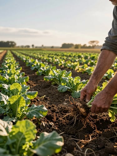 Wide environmental shot of a small vegetable farm at golden hour, rows of leafy greens stretching to the left, a farmer's hands pulling a root vegetable from dark soil in the foreground, long shadows, no filters, honest field light