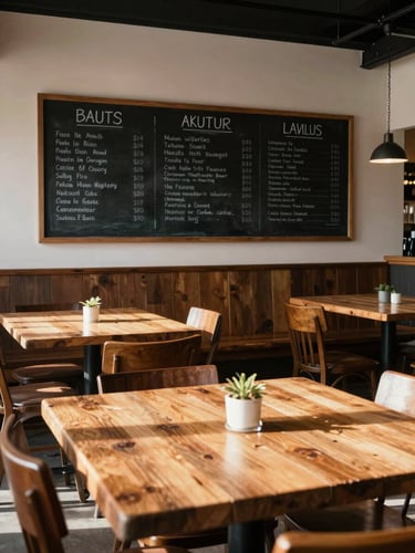 Wide environmental shot of a cozy restaurant interior at midday, natural north-facing light falling across worn wooden tables and a handwritten chalkboard menu on the wall, no people, evidence of a real working room