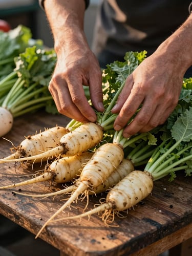 Close-up of hands arranging fresh vegetables on a worn wooden market table, golden hour light from the left, dirt still visible on the root vegetables, no staging or props