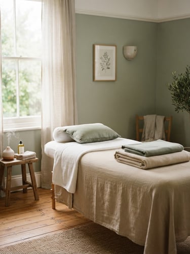 Softly lit quiet treatment room with a massage table, diffused natural morning light, muted sage and sand tones, 35mm photography