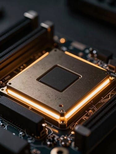 Macro close-up of high-end server motherboard, dark ambient developer workspace, glowing gold and amber edge-lighting, shallow depth of field