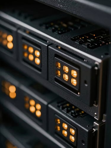 Macro close-up of a dark physical server rack blade with amber LED status indicators, shallow depth of field, high-contrast charcoal tones.