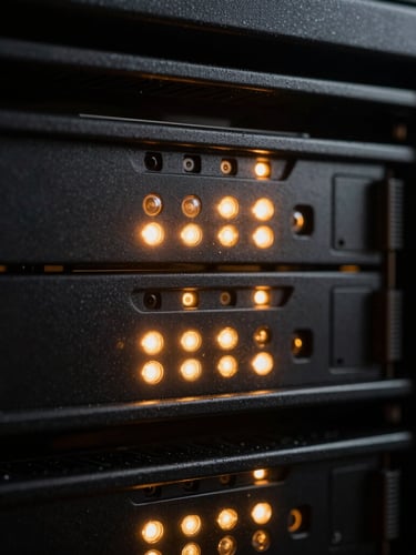Macro close-up of a high-end server rack in a dark room, glowing amber and gold LED indicator lights reflecting on brushed black metal, shallow depth of field.