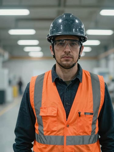 Eye-level documentary-style medium shot of an industrial founder wearing a dark hardhat and safety glasses, standing in a clean, structured factory floor under sharp overhead workshop lighting, cool desaturated tones with safety-orange accents, crisp medium format lens.