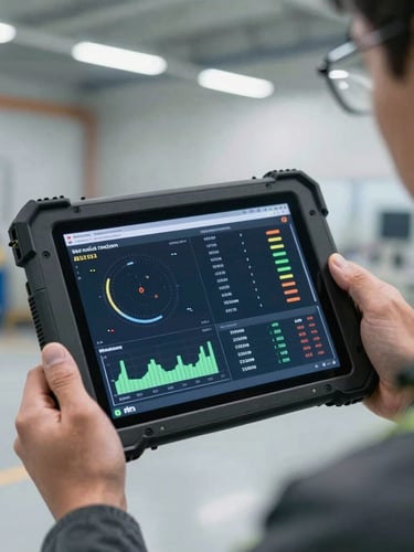 Close-up of a ruggedized industrial tablet displaying real-time capability validation metrics, held by an instructor on a clean factory floor, sharp technical focus.