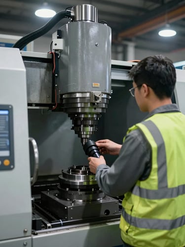 Eye-level documentary shot of an industrial trainee in high-visibility vest operating a heavy CNC milling machine under sharp overhead workshop lighting, cool desaturated tones.