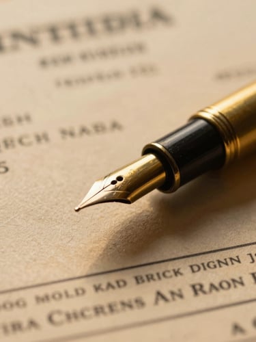 Macro close-up of a vintage brass fountain pen resting on official Indian tax clearance papers, warm golden-hour library light, rich paper texture, shallow depth of field, 35mm