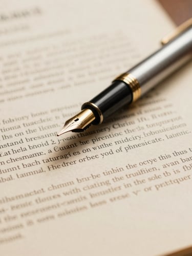 Close-up of a vintage fountain pen resting on official legal documents, warm library daylight, shallow depth of field, 35mm