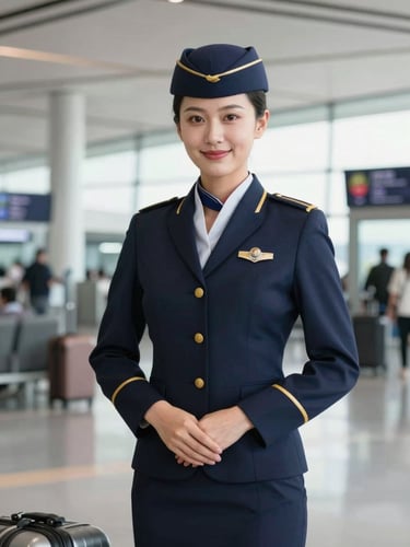 A professional female flight attendant in a sharp navy uniform with gold accents, smiling confidently inside a modern airport terminal, bright daylight, 35mm lens