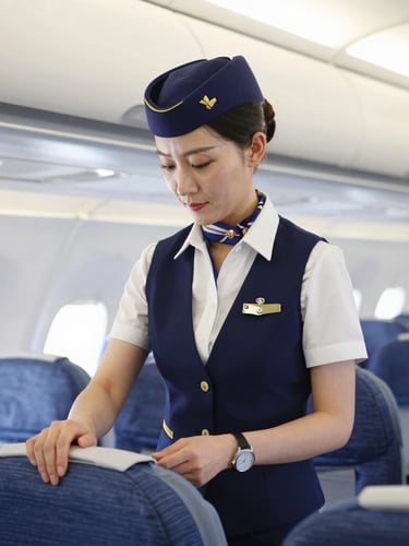 A professional female flight attendant instructor in a pristine navy and gold uniform, demonstrating safety procedures inside a brightly lit modern mock cabin, crisp editorial photography, 35mm lens
