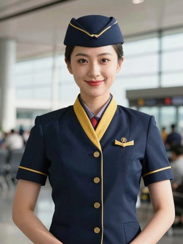 Portrait of a female flight attendant in an immaculate navy and gold uniform, smiling confidently, bright natural daylight, airport terminal background, 35mm lens