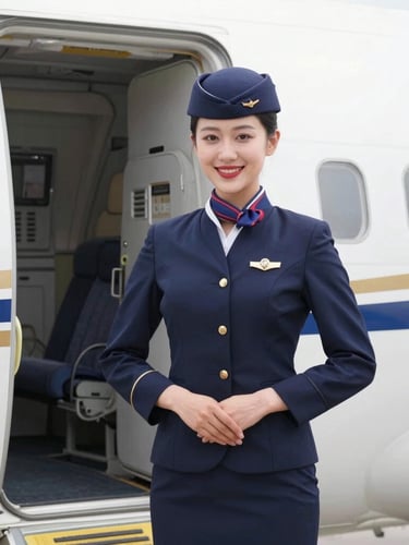 Pristine flight attendant student in immaculate navy uniform smiling warmly next to an aircraft door, bright natural daylight, 35mm lens