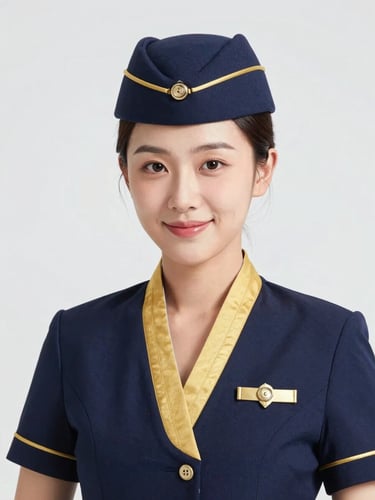 Close-up portrait of a female flight attendant student in pristine navy and gold uniform, smiling confidently in bright natural daylight, clean studio background