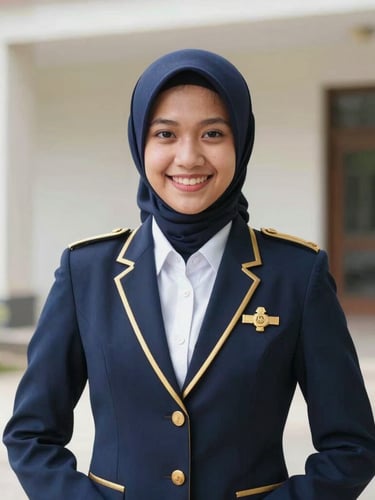 Foto editorial portrait siswa CFAA berpakaian seragam pramugari lengkap dengan pin emas, tersenyum ramah dengan postur tegak sempurna, pencahayaan alami studio yang terang.