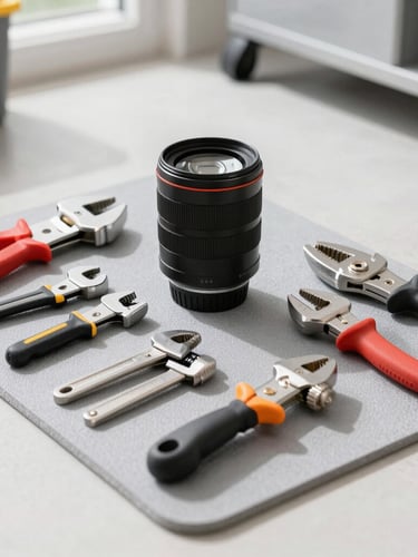 Professional plumbing tools laid out neatly on a clean grey work mat inside a bright utility room, high-contrast details.