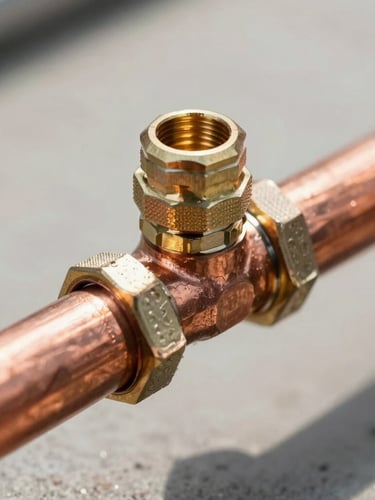 Close-up of clean copper pipe joints being secured with professional brass fittings under bright daylight, sharp industrial details.