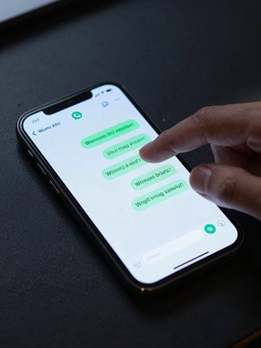 Overhead tight shot of a smartphone lying on a dark desk, WhatsApp chat open mid-conversation with unread message notifications arriving, cool blue-tinted screen glow, fingers hovering above the screen about to type, trading ticker visible in notification bar