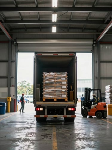Tall portrait view from inside a large-scale warehouse loading bay — a delivery truck backed up to a raised dock with the rear doors open, warehouse workers loading pallets via forklift in the background, bright dock lighting mixing with natural daylight from the open bay door, industrial scale and operational efficiency evident, no people faces visible, wide vertical composition emphasizing the height of the loading bay and depth of warehouse behind