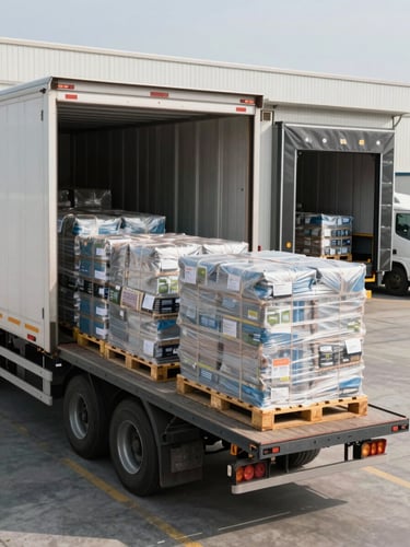 Wide panoramic view of a freight truck at a warehouse loading dock, dock doors open, pallets of packaged goods loaded on the truck bed under daylight, organized fulfillment operation visible in background, no people, clean and efficient