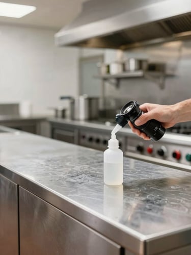 Spotless commercial restaurant kitchen in Brussels, stainless steel counters, bright clinical lighting, professional exterminator applying gel discreetly, 35mm lens