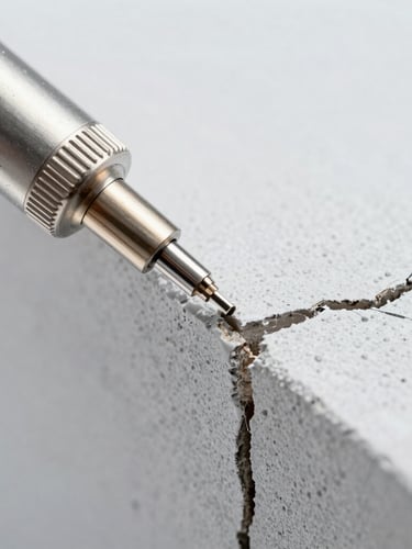 Clinical macro photography of a metal precision nozzle applying specialized gel treatment to a structural wall crack, bright clinical lighting, sharp focus, 35mm lens