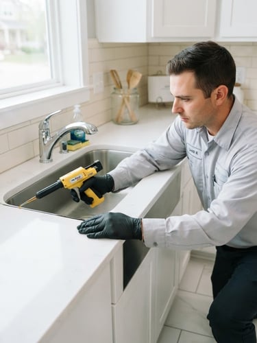 Clinical editorial photography of a technician in light grey uniform applying professional anti-cockroach gel in a clean kitchen corner, bright daylight, sharp focus, 35mm lens