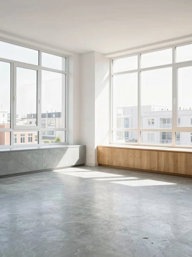 Bright clean modern Brussels apartment living room, daylight pouring through large windows, spotless surfaces, clinical editorial photography, cool slate tones