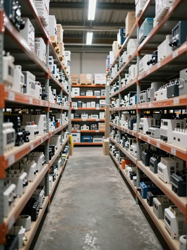 Wide shot of warehouse shelving aisle in natural daylight, rows of clearly labeled electrical components and conduit fittings filling deep shelves, concrete floor visible, no people, industrial functional atmosphere