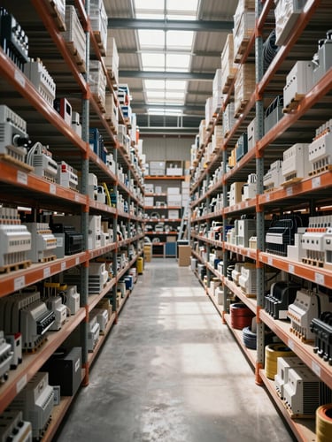 Wide panoramic view of a warehouse interior, long rows of steel shelving stacked floor to ceiling with clearly labeled electrical components — conduit, junction boxes, cable reels — natural daylight streaming from skylights, shot from the far end of an aisle toward the light