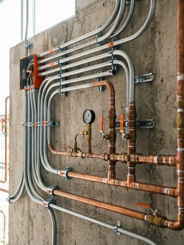 Crisp industrial interior, close-up of clean electrical conduit runs and copper pipe manifolds on a concrete wall, bright daylight, 35mm lens.