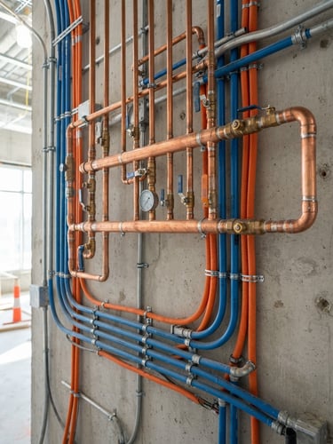 Tight macro shot of clean copper pipe manifolds and electrical conduit runs in a commercial facility, bright natural construction light, sharp technical details.
