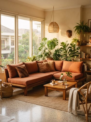 Cozy Indonesian apartment living room with warm light, a sleek modular wooden sofa with terracotta cushions, indoor plants like monstera, soft morning sun, 35mm photography